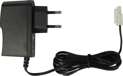A black power adapter with a coiled black cable and a white connector.