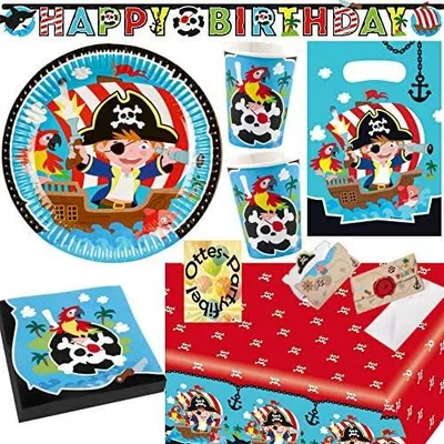 Produktbild von Seeräuber-Partyset, 87-teilig, für 16 Gäste mit Tellern, Bechern, Servietten, Tischdecken, Einladungen, Tüten und Girlande