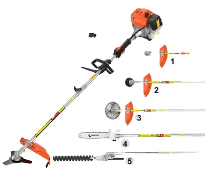Obrázok produktu pre Benzínový krovinorez, motor 52 cm³, viacúčelový nástroj 6 v 1, oranžová farba