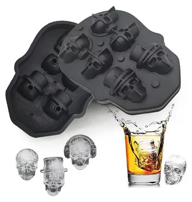 Imagen del producto de Molde de silicona para cubitos de hielo – Molde 3D con forma de calavera – 6 cavidades – Con embudo – Fabricante de cubitos de hielo con tapa – Para hacer cubitos de hielo – Reutilizable – Color negro