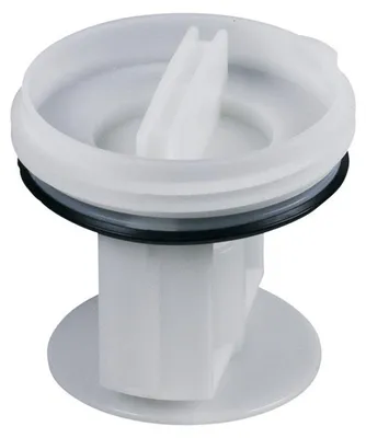 A white washing machine drain filter with a black rubber seal.