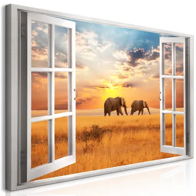 Produktbild von Wandbild Mega XXXL Fensterblick 250x125 cm Einteiliger XXL-Format Kunstdruck zur Selbstmontage Leinwandbilder moderne Bilder DIY Wanddekoration Wohnung Deko Afrika Elefant c-C-0388-ak-e
