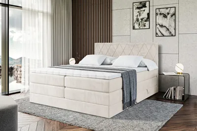 Produktbild von ALTDECOR Boxspringbett mit 2 Matratzen und Topper - 200x200 cm - LEPARO KING - Beige Samt - Polsterbett mit, H3- und H4- Matratzen, Bettkasten und Lattenrost, Bett mit Stauraum