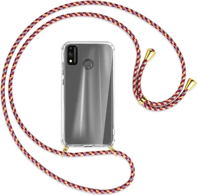 Produktbild von Handykette Backcover-Schutzhülle mit Band (Metall goldfarben) für Honor 9X Lite - weinrot/gelb/grau