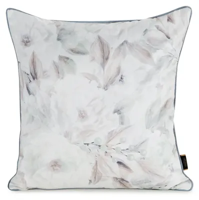Zdjęcie produktu dla Poszewka VELVET 45x45 cm biało-beżowa w kwiaty z ozdobną lamówką