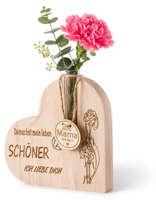 Herzförmige Holzvase mit getrockneten Blumen & Reagenzgläsern