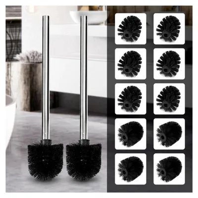 Produktbild von 2 WC-Bürsten in Schwarz mit 10 Ersatzbürstenköpfen und 2 Edelstahlgriffen