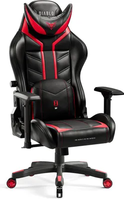 A black and red gaming chair is shown against a white background.