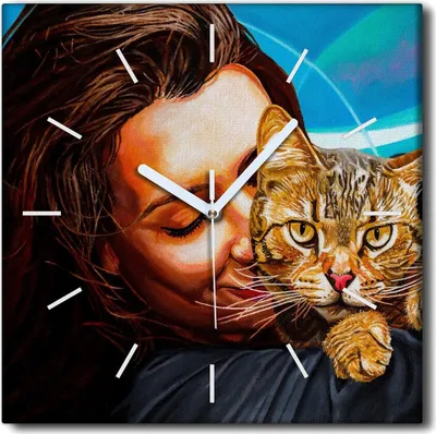 Produktbild von Coloray Uhr auf Leinwand 30x30 cm Wand Uhr Dekoration Wohnzimmer Segeltuch weiße Zeiger -Frauenkatze-Tier
