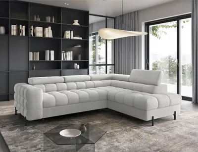 Produktbild von Ecksofa mit Schlaffunktion Sofa AMARA Stoff Coral Hellgrau Ottomane Rechts
