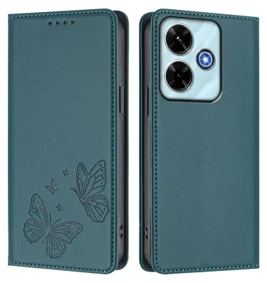 Produktbild von Lederhülle für Xiaomi Redmi 13 4G, Schmetterling Prägung Leder Brieftasche Schutzhülle mit Ständer Grün