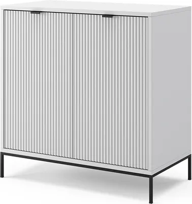 A white cabinet with fluted doors and black legs, shown against a white background.