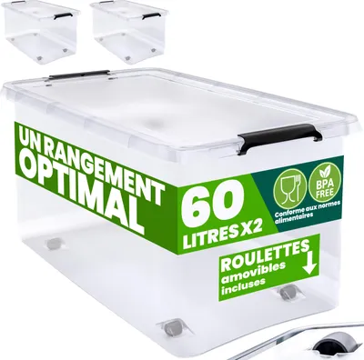Image de DEUBA® 2x Boîte de rangement 60L en plastique transparent empilable sans BPA gain de place caisse de rangement roulettes