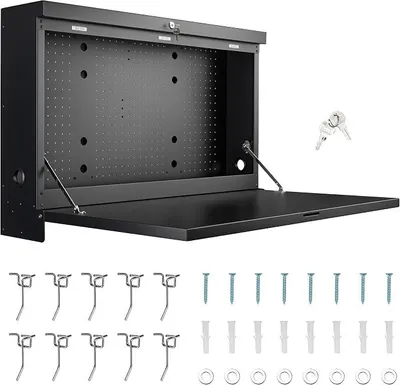 Imagen del producto de Banco de trabajo para montaje en pared, con capacidad de hasta 50 kg. Banco de herramientas plegable de 91,2 x 69 x 61 cm, con panel perforado en la parte posterior. Mesa de trabajo con cerradura y 2 llaves
