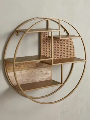 Produktbild von Wandregal, Industrial-Stil, Rattan/Metall/Massivholz, 5 Ablageflächen, Handgefertigt. 62x62x17 cm | Kadima Design