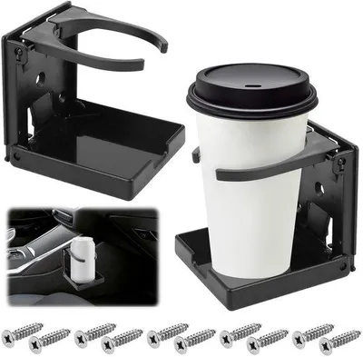 Image de Ensemble de 2 porte-gobelets universels pliables Unyqoos® – noir, en plastique robuste, pour voiture/bateau/camping-car | réglable jusqu'à un diamètre de 100 mm, pliable sur 2,54 cm, avec 10 vis incluses