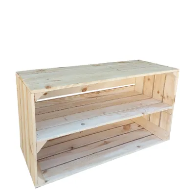 A wooden shelf unit with two shelves, made from light-colored wood.