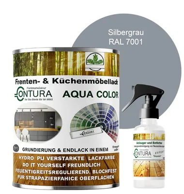 Produktbild von 750ml. + Anlauger - Contura Küchenmöbellack RAL Möbellack SEIDENMATT SET Möbelfarbe Holzlack Buntlack Küchenlack - RAL 7001 Silbergrau