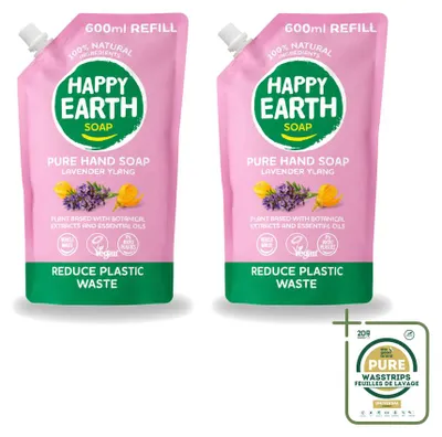 Produktbild von 2 x Happy Earth Handseife Nachfüller - Lavendel und Ylang - 600 ml - Vorratspackung - 2 Stücke