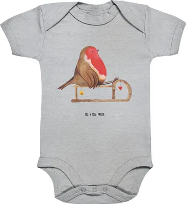 Produktbild von Mr. & Mrs. Panda Einteiler Rotkehlchen Schlitten 3. - 6. Monat - Heather Grey - Geschenk, Strampler Baby, Weihnachten, overall, Vogel, babykleidung body, Babybody