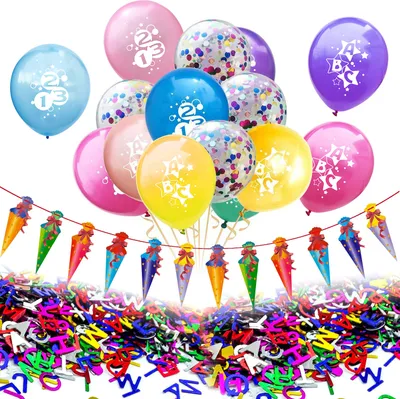 Produktbild von Oblique Unique Schuleinführung Schulanfang Einschulung Deko Set - Zuckertüten Girlande + Luftballon Set + Konfetti