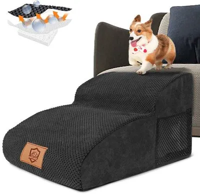 Obrázek produktu pro Malá trampolína pro psy, 2 schůdky, kvalitní podložka s odnímatelným potahem, protiskluzová trampolína pro psy, na postel a pohovku, 55 x 40 x 30 cm