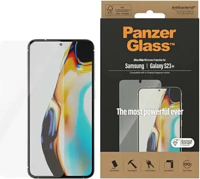 Zdjęcie produktu dla PanzerGlass ® Screen Protector Samsung Galaxy S23+ | Ultra-Wide Fit, Samsung, Samsung - Galaxy S23+, Aplikacja na sucho, Odporny na zadrapania, Odporny na wstrząsy, Przezroczysty, 1 szt.
