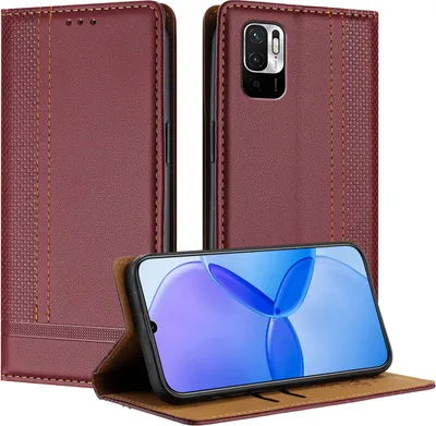 Produktbild von Handyhülle für Xiaomi Poco M3 Pro/Redmi Note 10 5G Leder Flip Klappbare Schutzhülle mit Standfunktion Dunkelrot