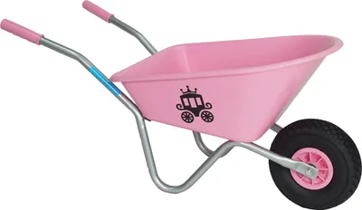 A pink children's wheelbarrow with a carriage graphic on a white background.