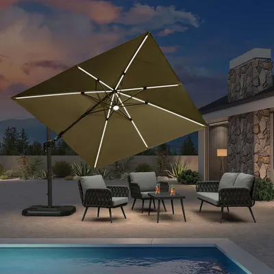Produktbild von PURPLE LEAF Ampelschirm 300 x 300 cm Sonnenschirm mit LED Beleuchtung, Neigbar Kippbar Gartenschirm mit Kurbel, Aluminium Gestell, 360¡ã Rotation, Beige