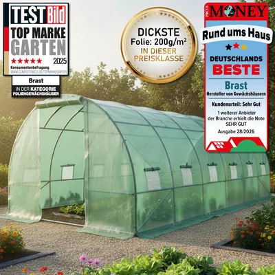 Produktbild von BRAST Gewächshaus Foliengewächshaus mit Stahlfundament | 3x6m | inkl. Erdanker Unkrautvlies & 12 Aufrollbare Fenster mit Moskitonetz | UV-stabilisierte Gitterschutzfolie 200g/m²