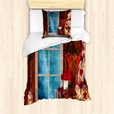 Produktbild von ABAKUHAUS Weihnachten Mantele, Gefrorene Schnee Haus, Milbensicher Allergiker geeignet mit Kissenbezügen, 135 cm x 200 cm - 80 x 80 cm, rot blau