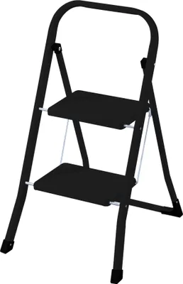 A black, two-step folding stepladder is shown against a white background.
