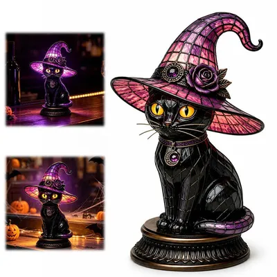 Produktbild von Halloween Nachtlicht Hexenkatze, gotische Katzenfigur mit Hexenhut, LED Deko Leuchte für Halloween, Party und Wohnraum