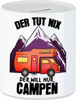 Produktbild von Camping Tasse mit Spruch Der tut nix der will nur Campen Spardose Geschenk für Camper Wohnmobil Womo