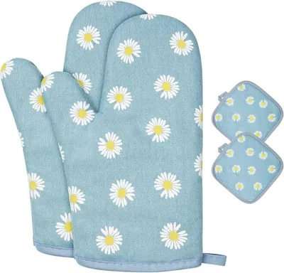 Produktbild von Topfhandschuhe und Topflappen, blaues Knittergänseblümchen, Set, hitzebeständige Baumwolle, für Küche