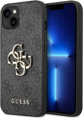 A close-up shot of a phone case with the Guess logo and a phone screen visible.