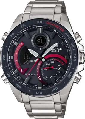 A close-up, front-facing studio shot of a Casio Edifice watch.