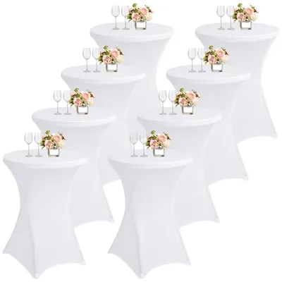 Immagine prodotto di Confezione da 8 copri tavolo da 80x110 cm, colore bianco, in tessuto elasticizzato Spandex, ideali per matrimoni, banchetti e bar