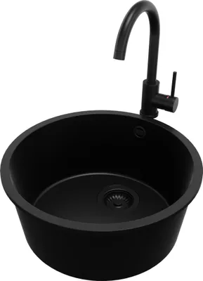 Produktbild von PRIMAGRAN Unterbauspüle Granit Alles Schwarz 46x46cm, Spülbecken 1 Becken + Küchenarmatur 32x20cm + Ablauf-Set, Granitspüle ab 50er Unterschrank - Valletta