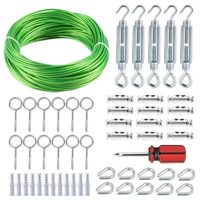 Productafbeelding van 30 meter staalkabel, 3 mm staalkabel, groen met PVC-coating, voorzien van oogjes en spanringen