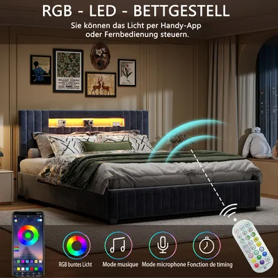 Immagine prodotto di UnboxG Letto imbottito 160x200cm con rete a doghe, letto a molle idrauliche con led, letto contenitore letto matrimoniale, velluto, grigio