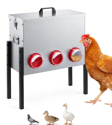 Zdjęcie produktu dla Automatyczny podajnik do karmy dla kur, pojemność 19 kg, z 6 otworami. Regulowana wysokość. Zamykany pokrywą. Podajnik do karmy dla kur