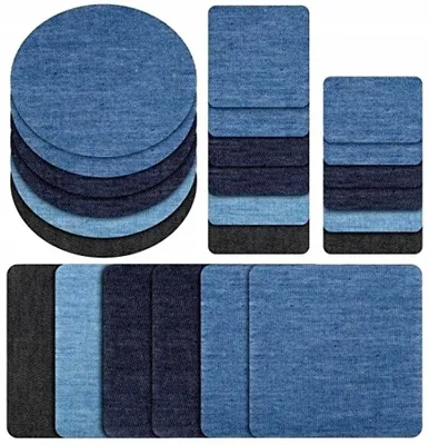 Immagine prodotto di Set di 24 toppe in denim per pantaloni TERMO PATA, varie forme e dimensioni, applicazione termica