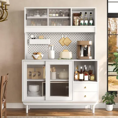 Produktbild von Merax Küchenschrank Buffet mit Riffelglas-Schiebetüren, Sideboard mit Schubladen, Hochschrank mit offenen Fächern, Lochplatten-Rückwand, Weiß