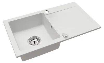 Produktbild von Granitspüle 75x43,5 cm Weiß – Beidseitig montierbare Küchenspüle, eckig, Einbau, für Unterschränke ab 45 cm, inkl. Siphon-Set