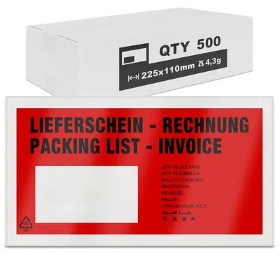 Produktbild von verpacking 500 Lieferscheintaschen 225 x 110 mm Rot DIN Lang [Farbe und Stückzahl wählbar] selbstklebend Dokumententasche für Rechnungen und Dokumente