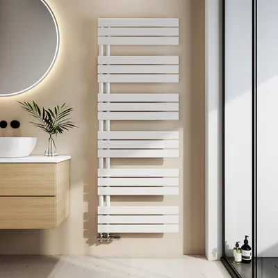 A modern bathroom with a sink, vanity, and a white towel radiator.