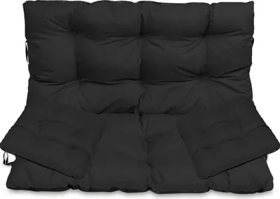 A black bench cushion and backrest set with two smaller black seat cushions, presented on a white background.