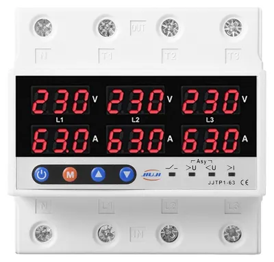 Zdjęcie produktu dla Ochrona przed przepięciami - licznik energii elektrycznej trójfazowy, montaż na szynie DIN, woltomierz - amperomierz, podwójny wyświetlacz LCD, ochrona przed przepięciami i niedopięciami
